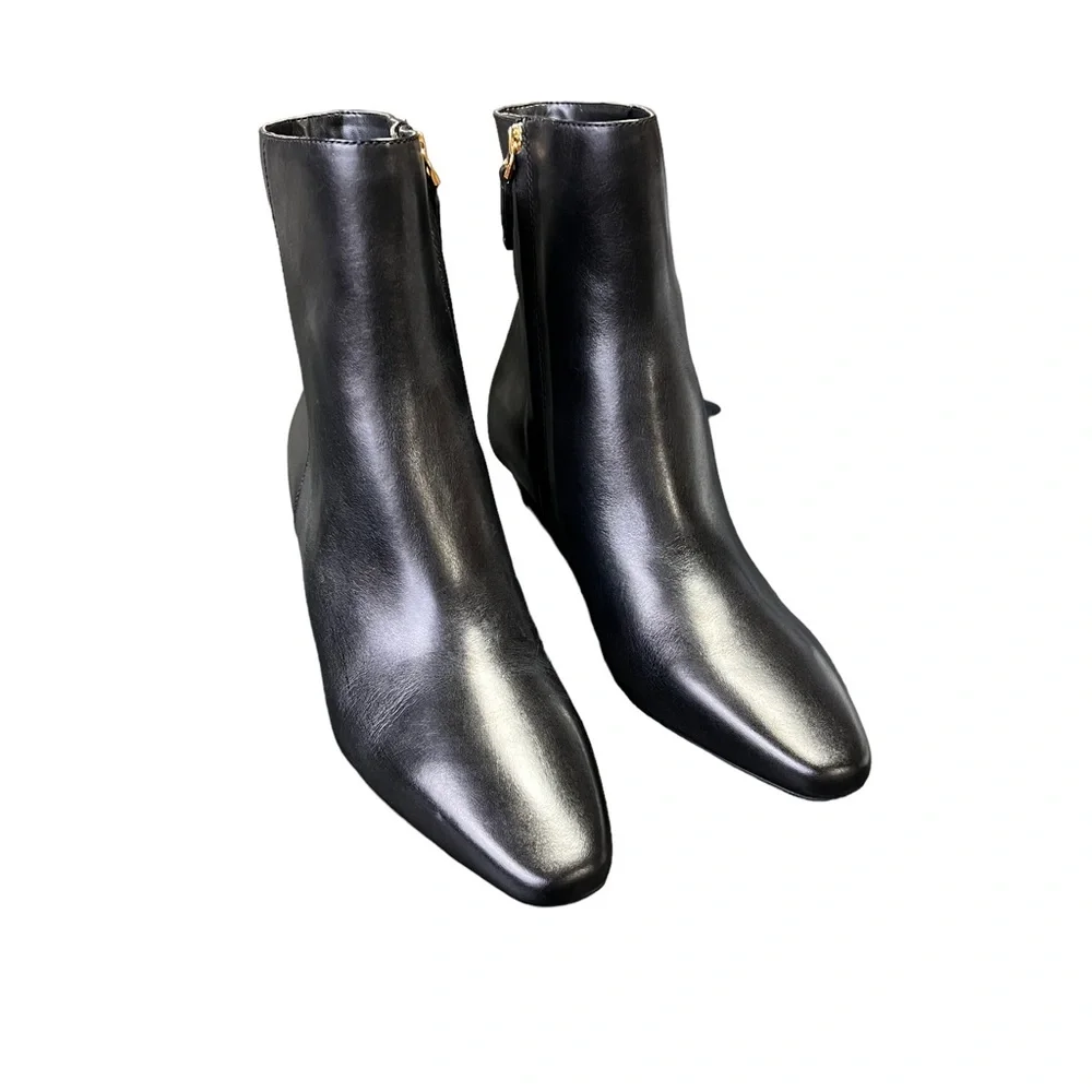 Lauren Ralph Lauren Willa Square Toe Booties Black Burnished Calf Leather 9.5